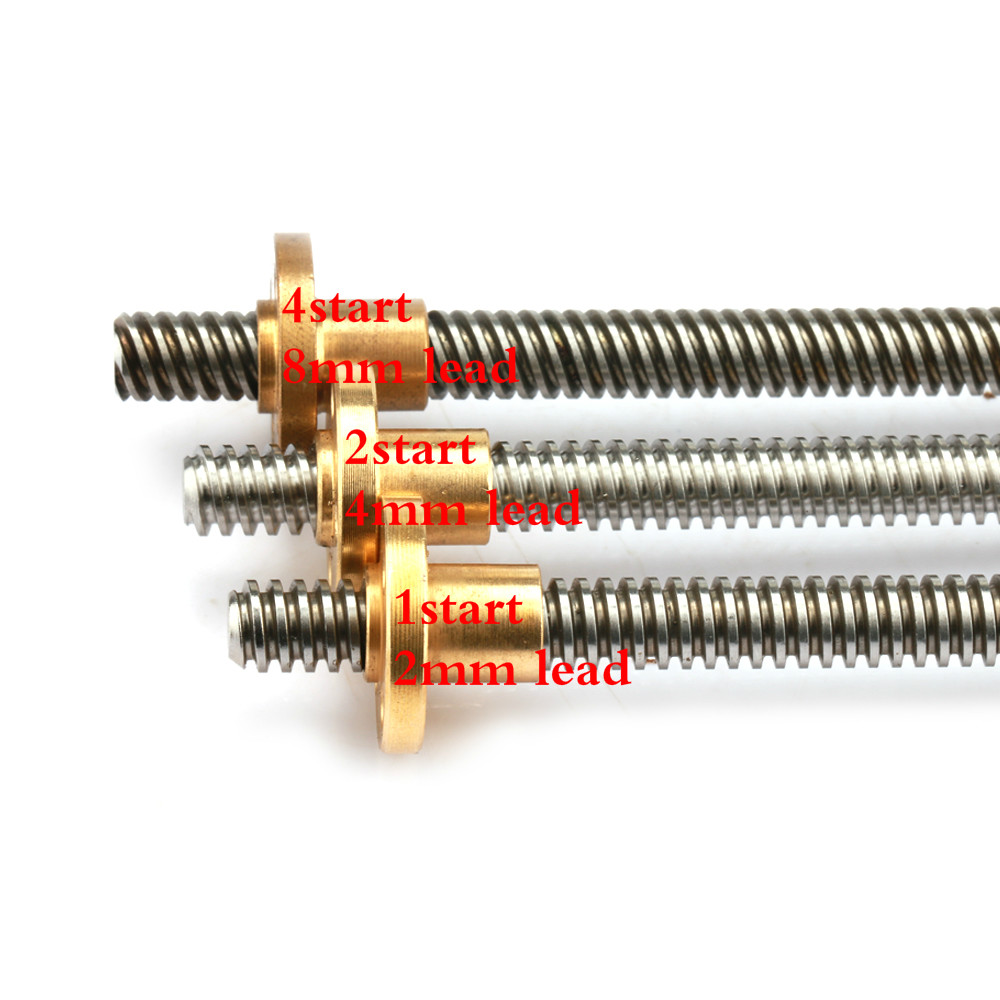 3D printer Tr8 8mm Trapezoidal lead screw 1 start 2mm pitch 2mm lead length 225mm stainless steel screw brass nut tr8*2